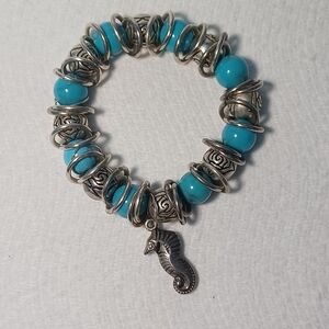 Coastal Beach - Fashion Stretch Beaded Charm Bracelet with Seahorse Charm